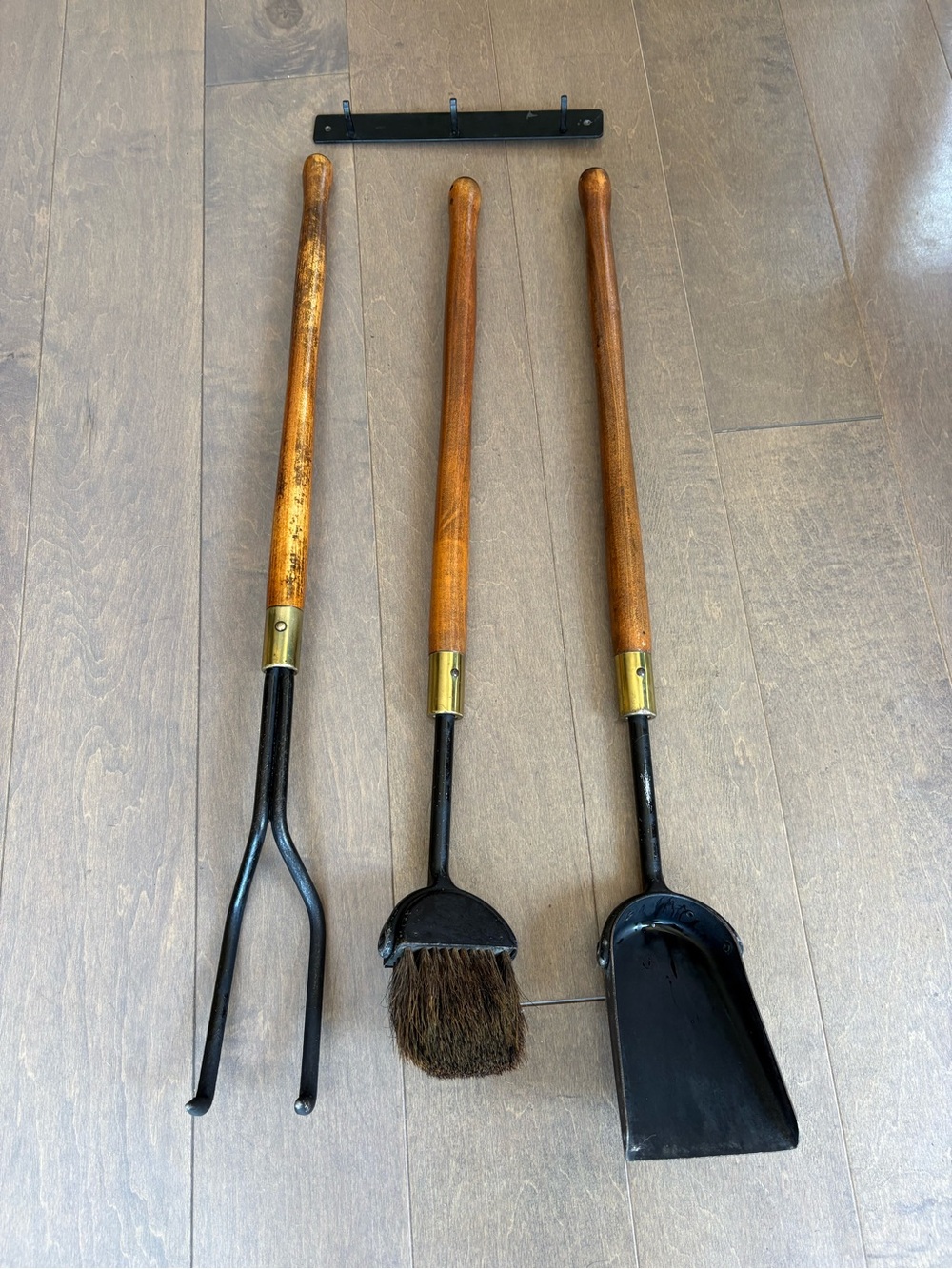 Three-Piece Fireplace Tool Set with Wooden Handles - Black & Brown